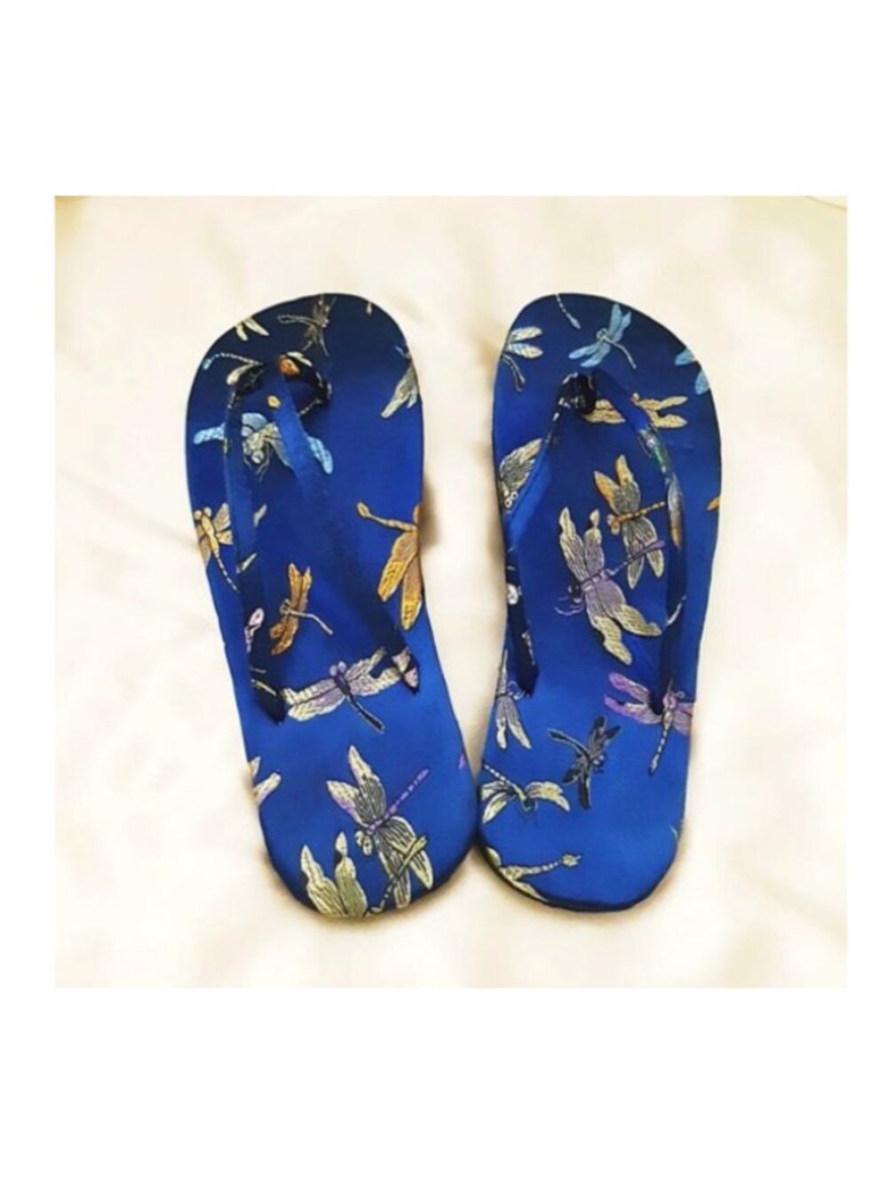Satin BLUE Woven Dragonfly Open-Toe Flip Flops (S)